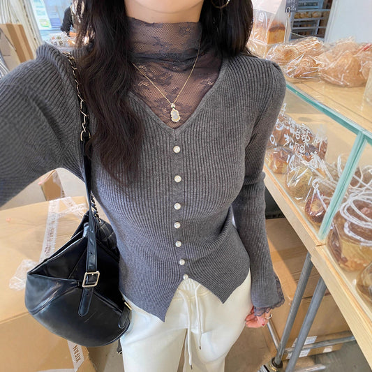 Pull tricoté col rond en dentelle