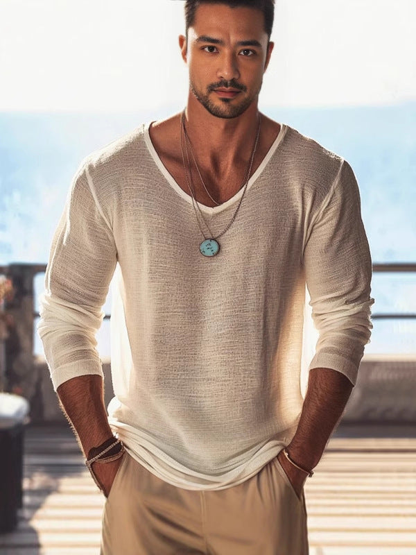 T-shirt à manches longues pour homme, couleur unie, fin et respirant