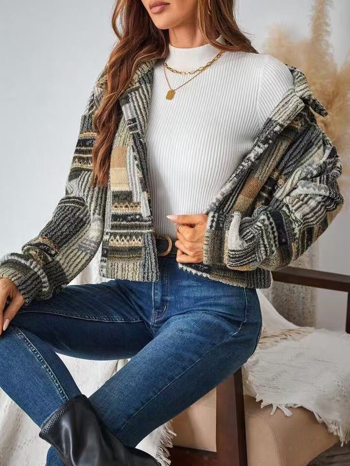 Veste imprimé double face à boutons en peluche, décontracté