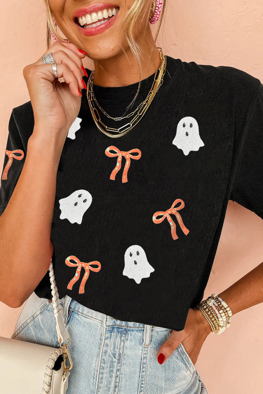 T-shirt Halloween à patch fantôme avec nœud à paillettes noir