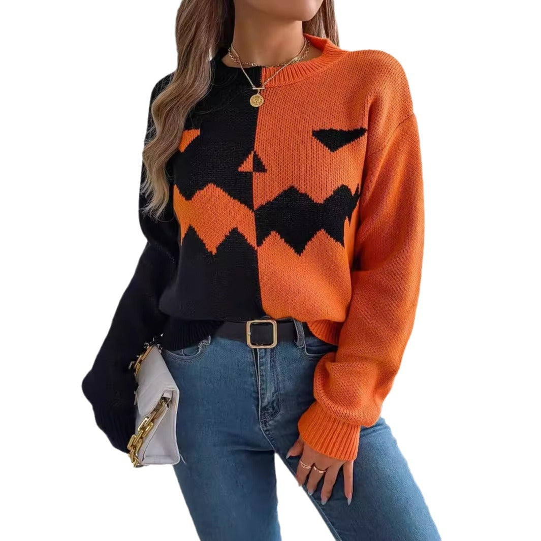 Pull contrastée motif citrouille fantôme