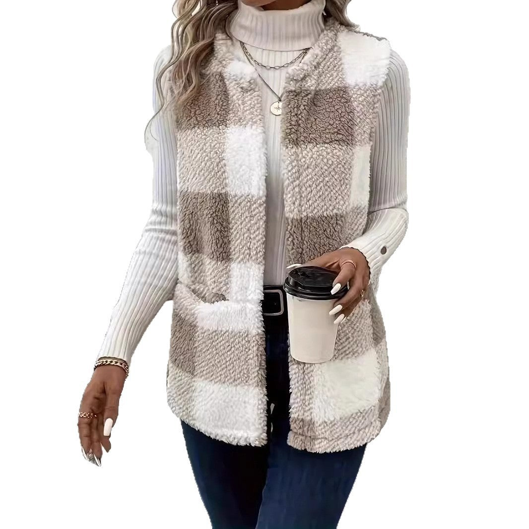 Veste décontracté à carreaux et poches en peluche