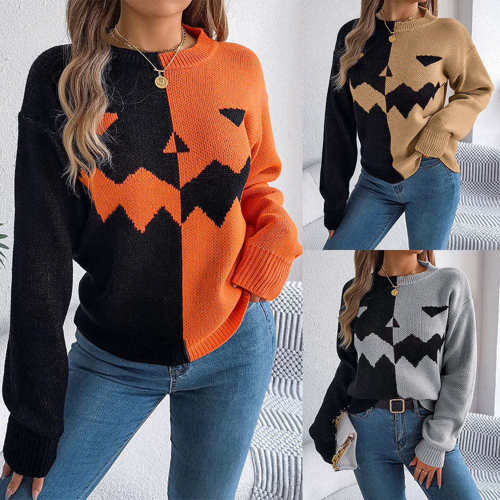 Pull contrastée motif citrouille fantôme