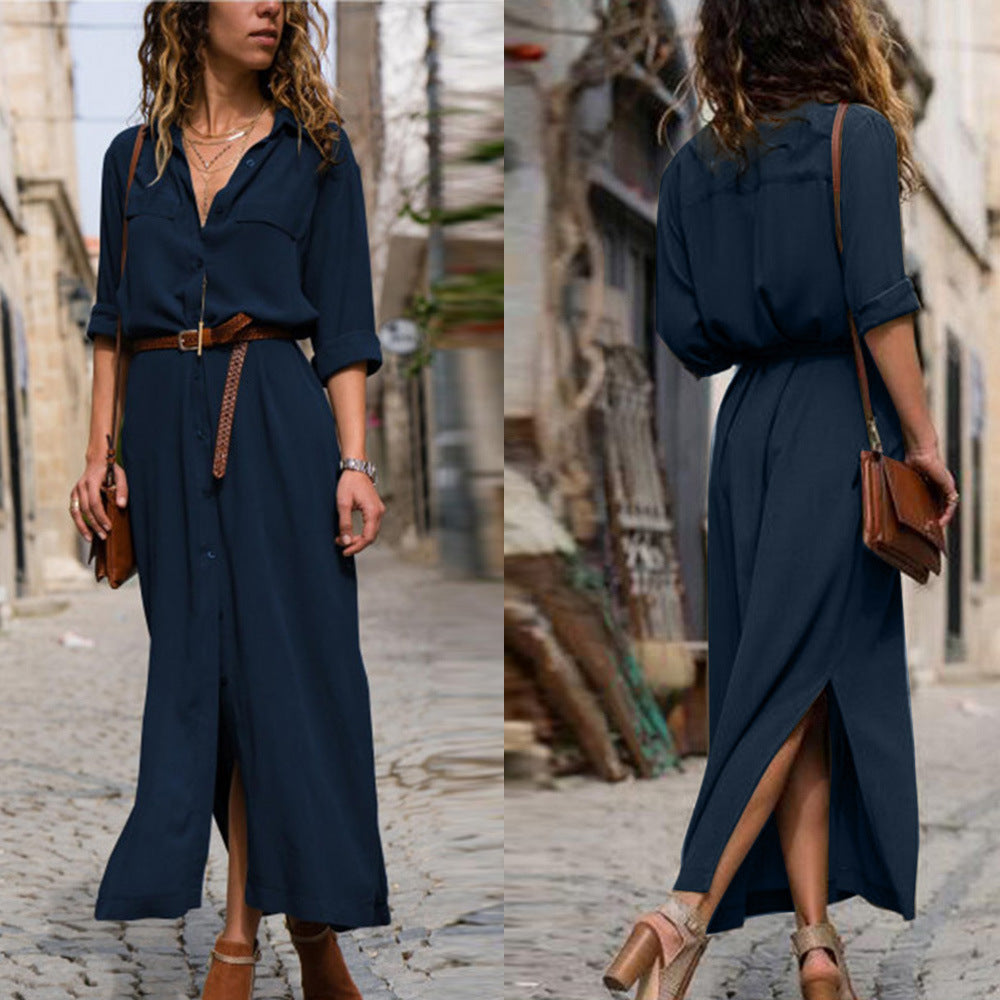 Robe chemise ample à manches longues et ourlet fendu
