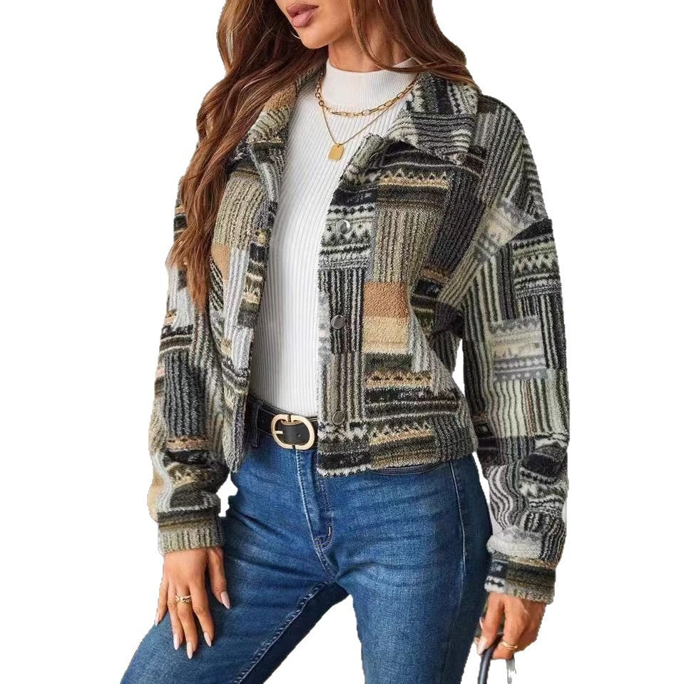 Veste imprimé double face à boutons en peluche, décontracté