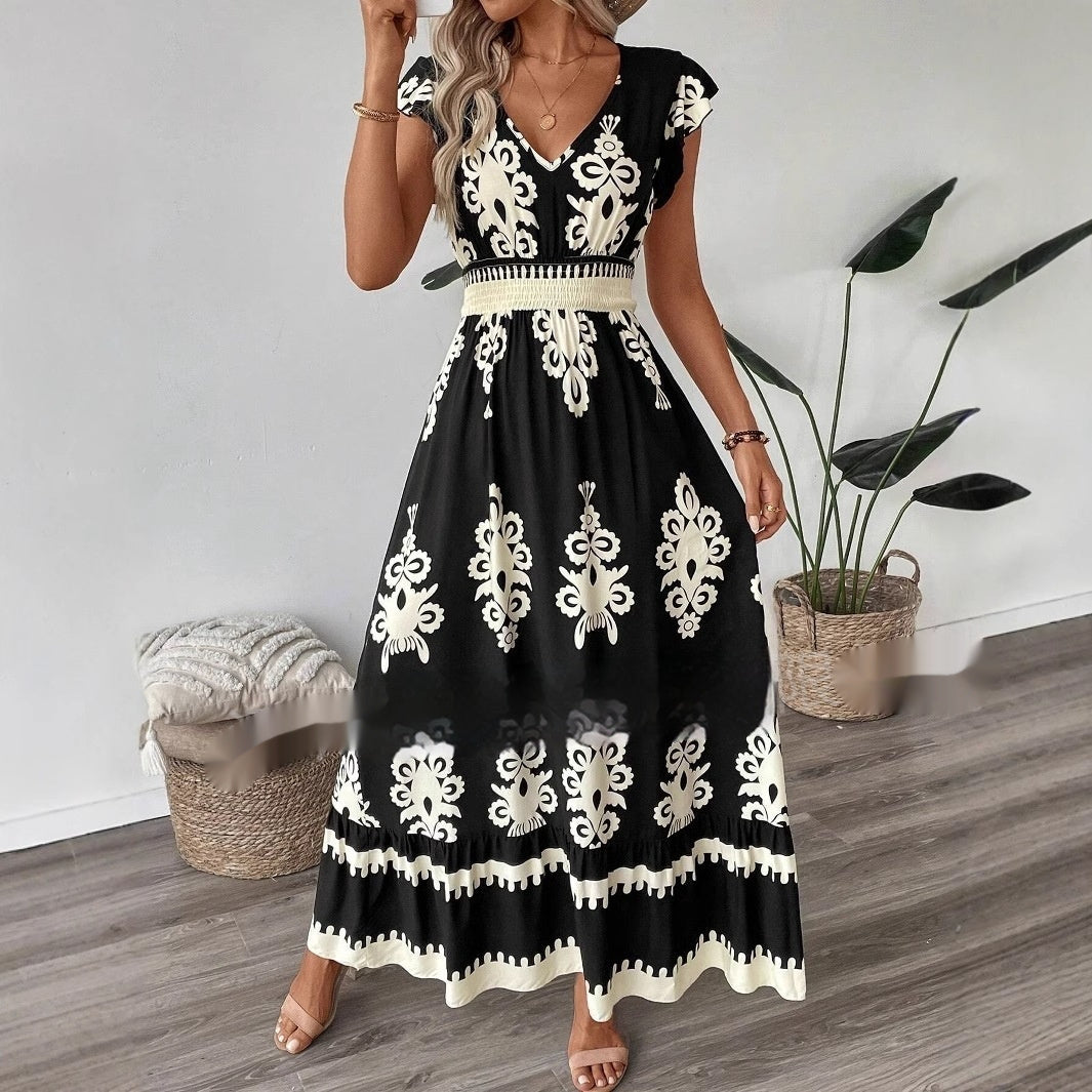 Robe trapèze ample à col en V et imprimé