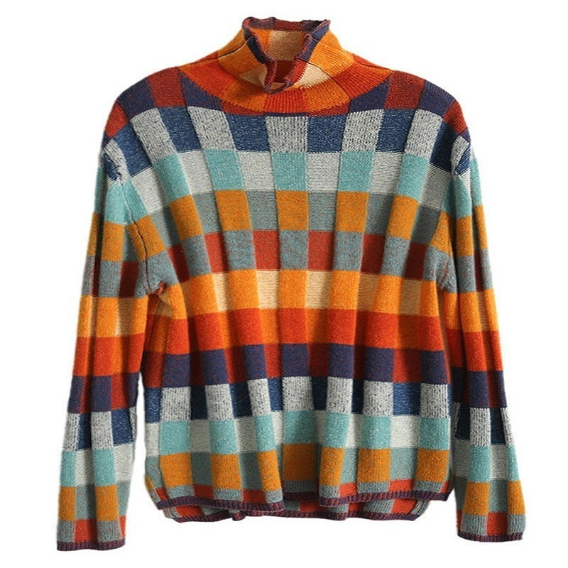 Pull à col roulé à carreaux colorés pour femme, coupe décontractée et flatteuse