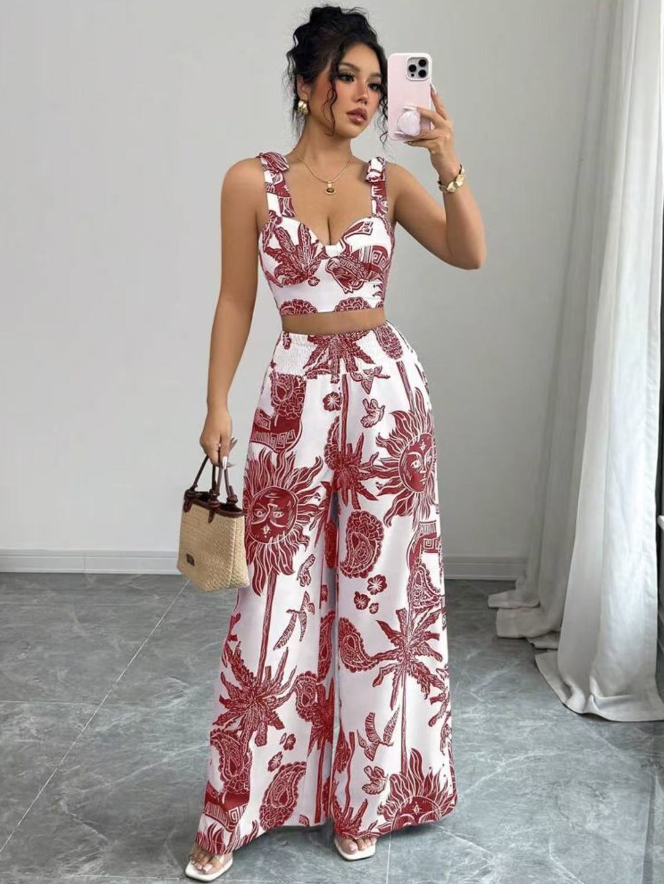 Ensemble à bretelles et col en V, pantalon ample