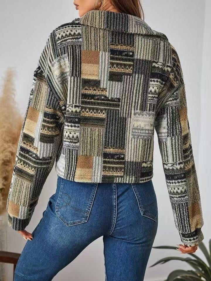 Veste imprimé double face à boutons en peluche, décontracté
