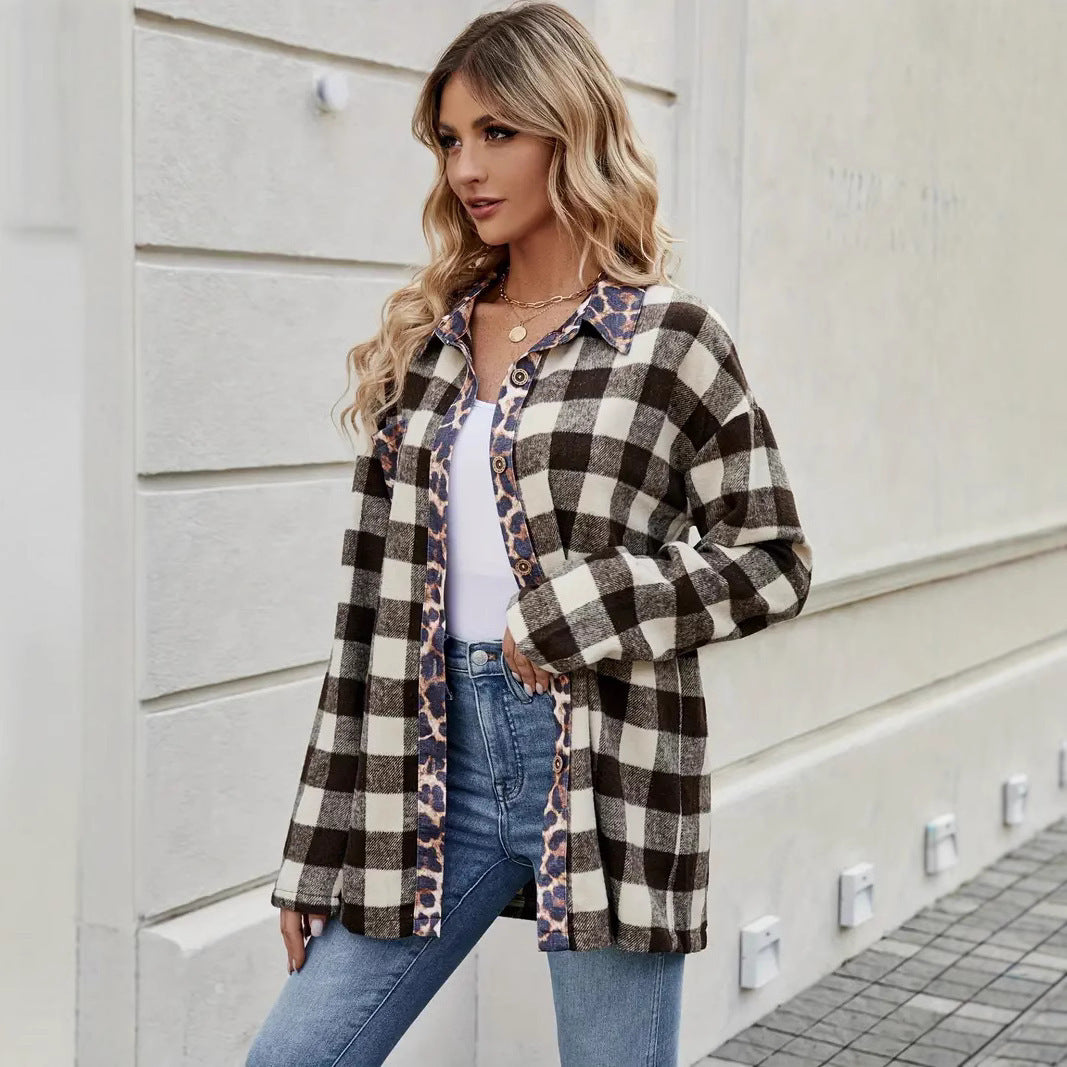 Veste à manches longues à carreaux contrastés et imprimé léopard