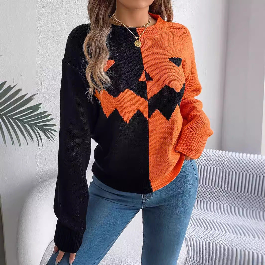 Pull contrastée motif citrouille fantôme