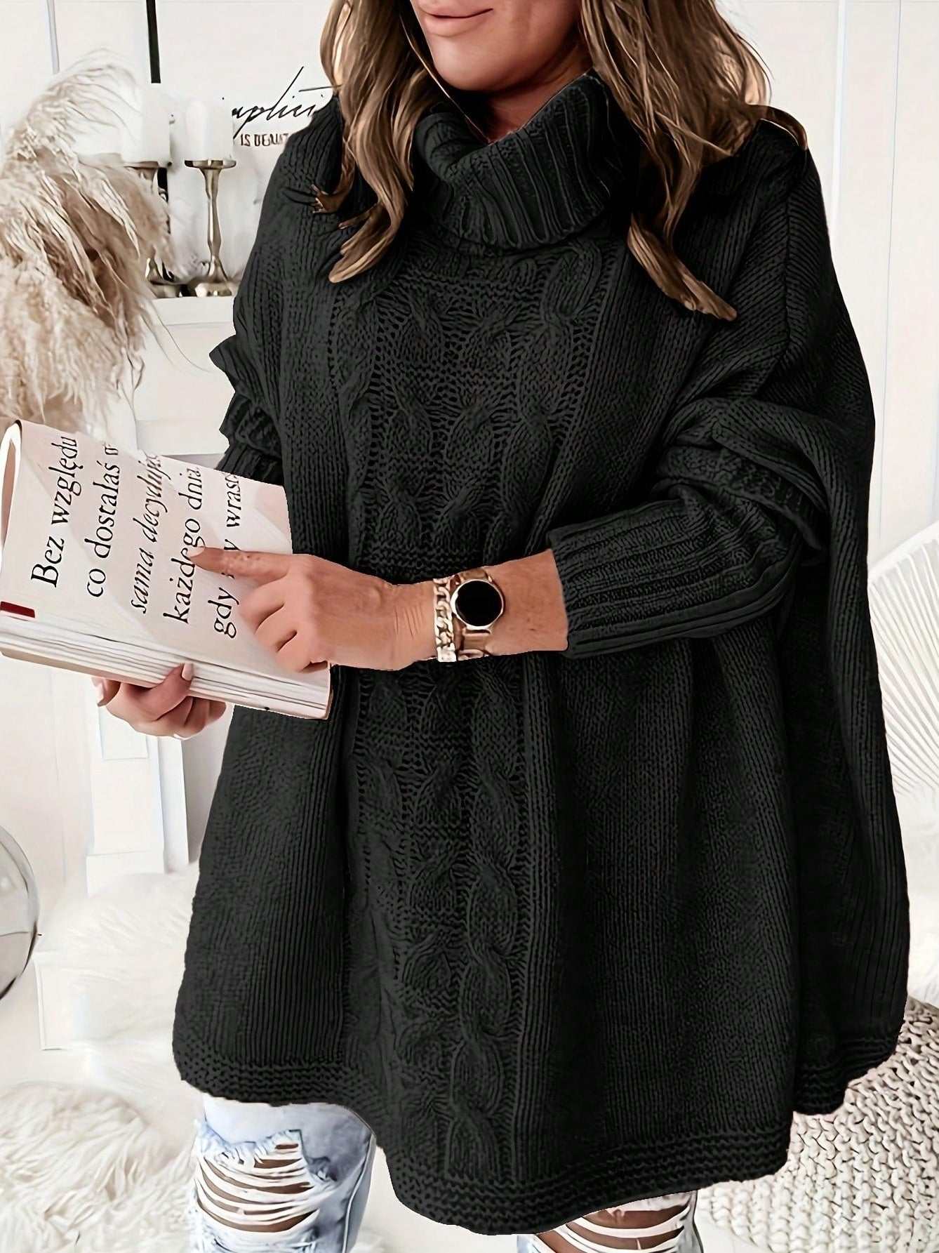 Pull en tricot ample et décontracté à manches chauve-souris pour femme, grande taille