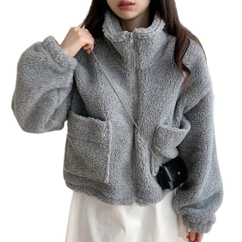 Manteau chaud épais et assorti à col roulé rétro avec fermeture éclair et grandes poches