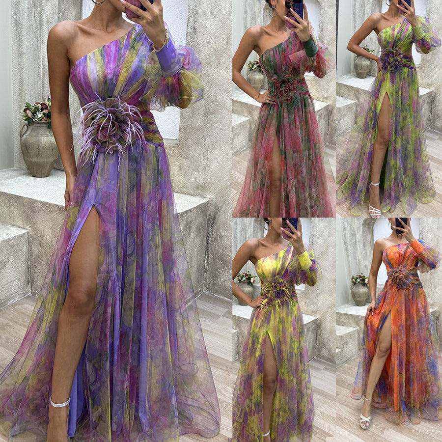 Nouvelle robe de soirée en maille à épaules inclinées, jupe longue décontractée et tendance