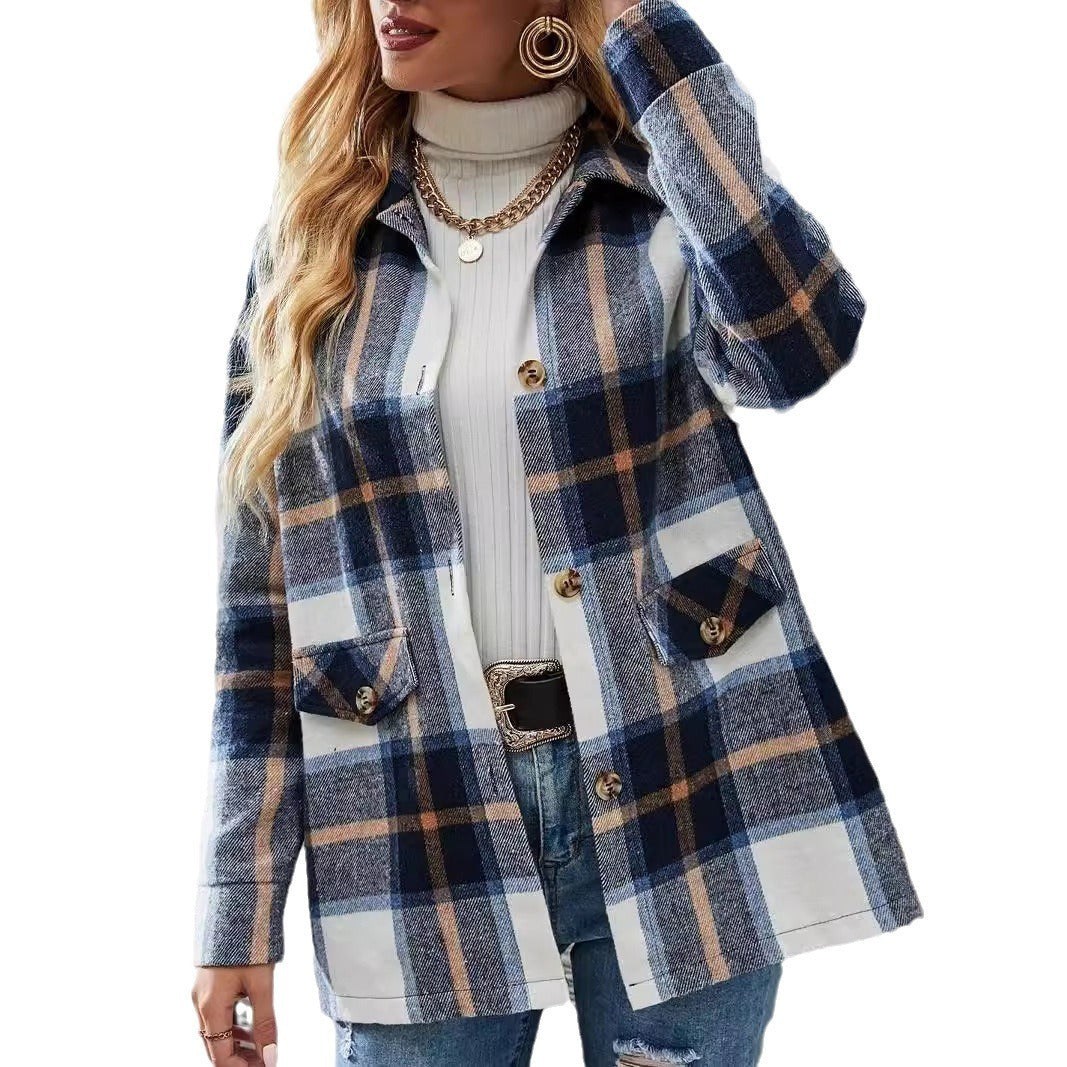 Veste ample à carreaux pour femme à manches longues et épaules tombantes, à revers, décontracté