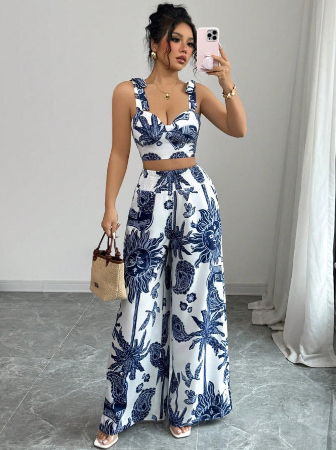 Ensemble à bretelles et col en V, pantalon ample