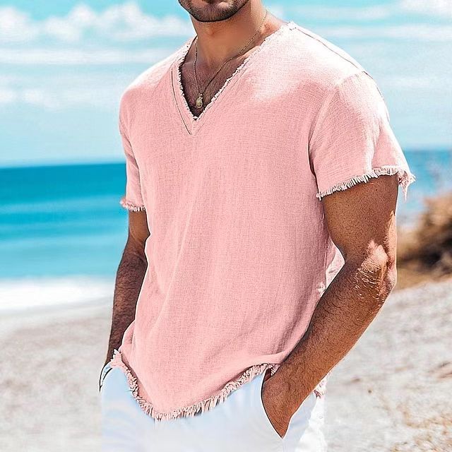 T-shirt à manches courtes en coton et lin couleur unie