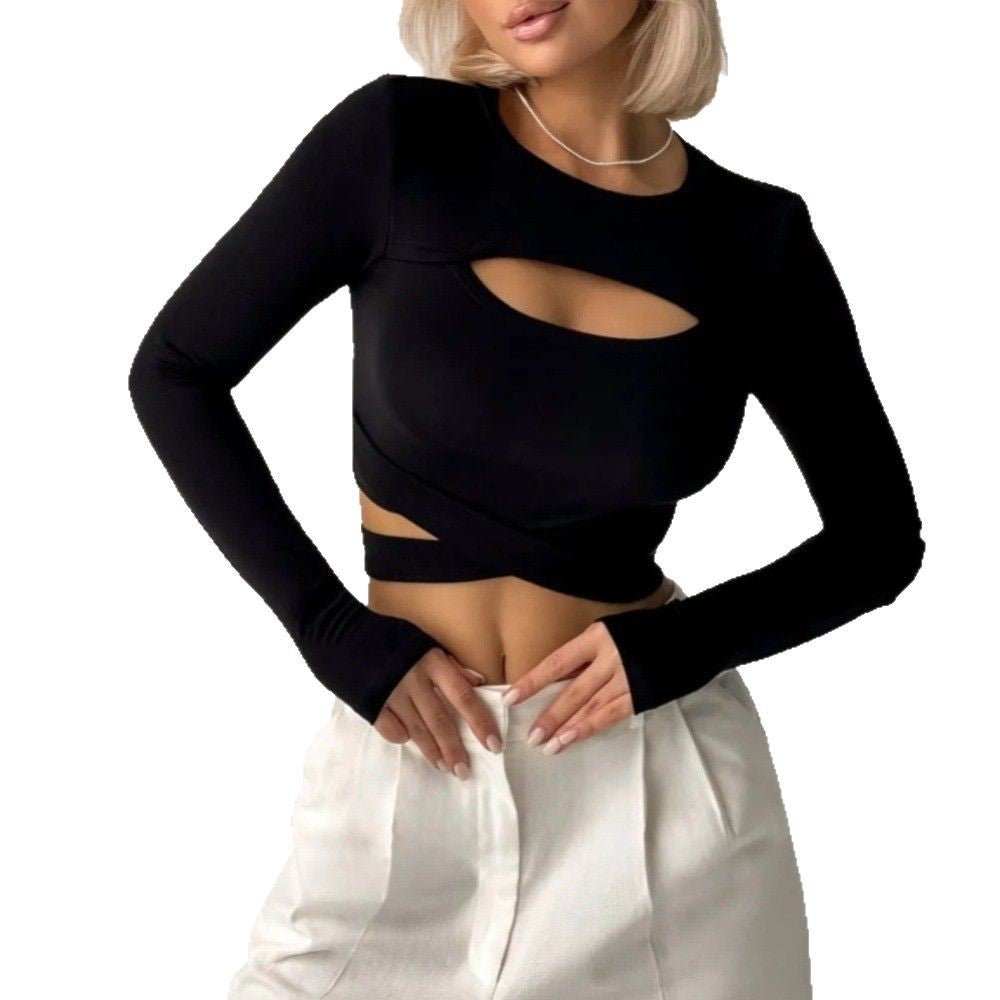 T-shirt court slim fit à col rond et bretelles ajourées