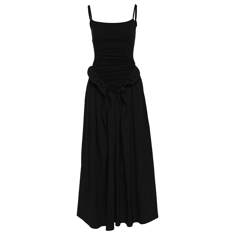 Robe trapèze plissée à taille ajustée et couleur unie