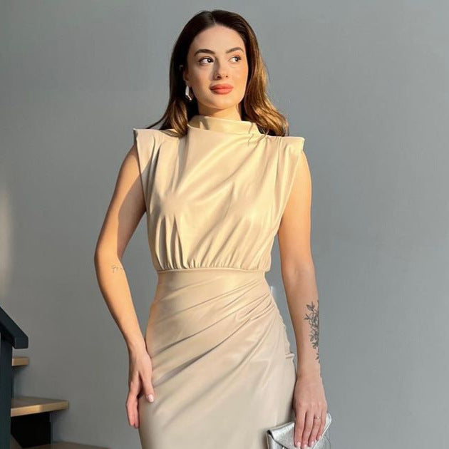 Robe moulante plissée taille haute, couleur unie