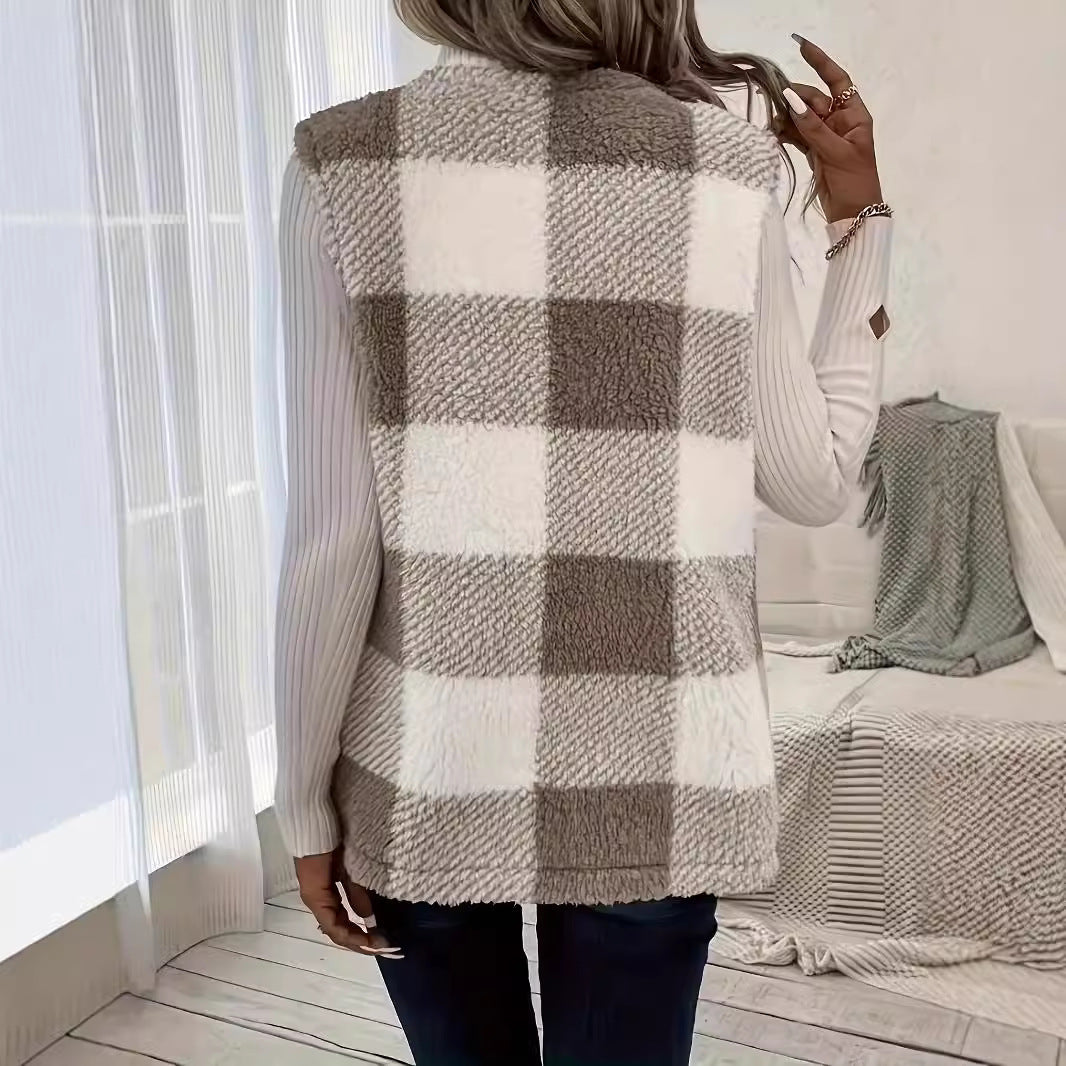 Veste décontracté à carreaux et poches en peluche