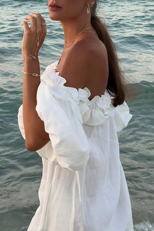 Robe fendue à col nu en coton et lin