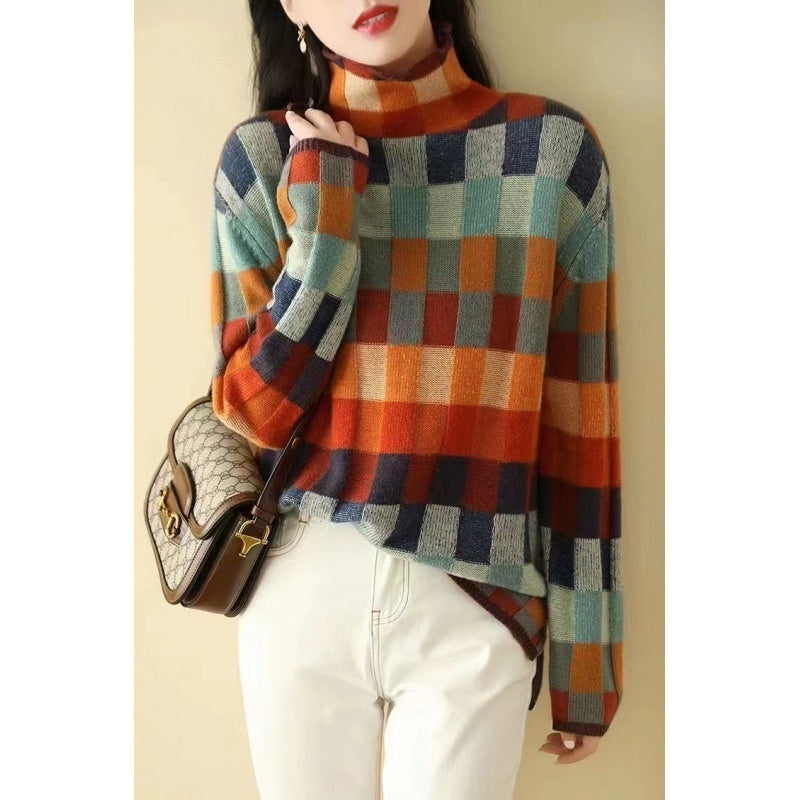 Pull à col roulé à carreaux colorés pour femme, coupe décontractée et flatteuse