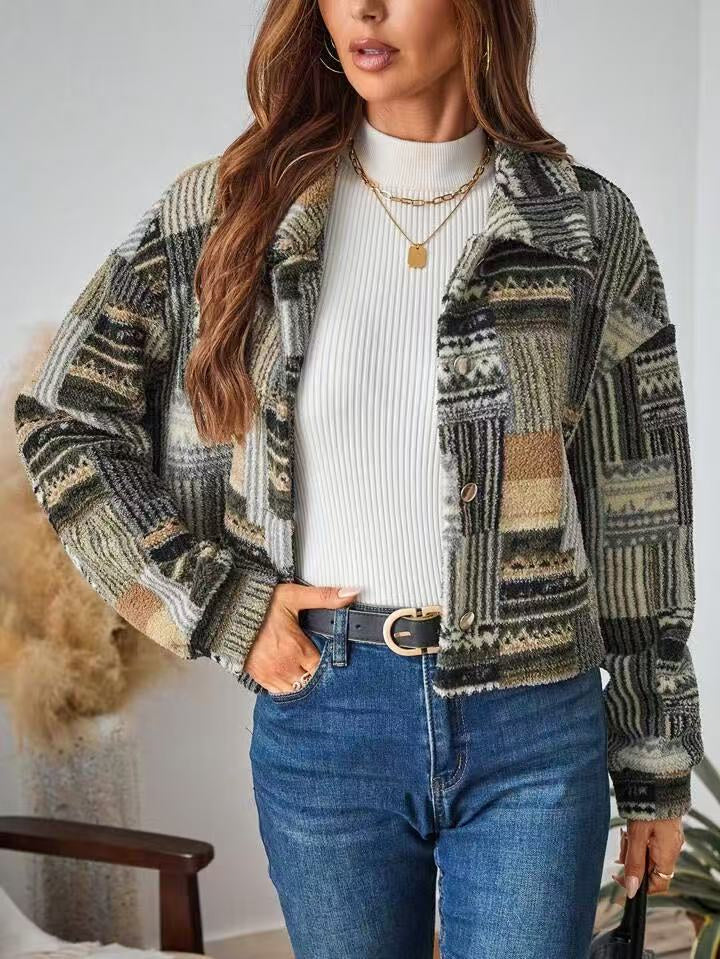 Veste imprimé double face à boutons en peluche, décontracté