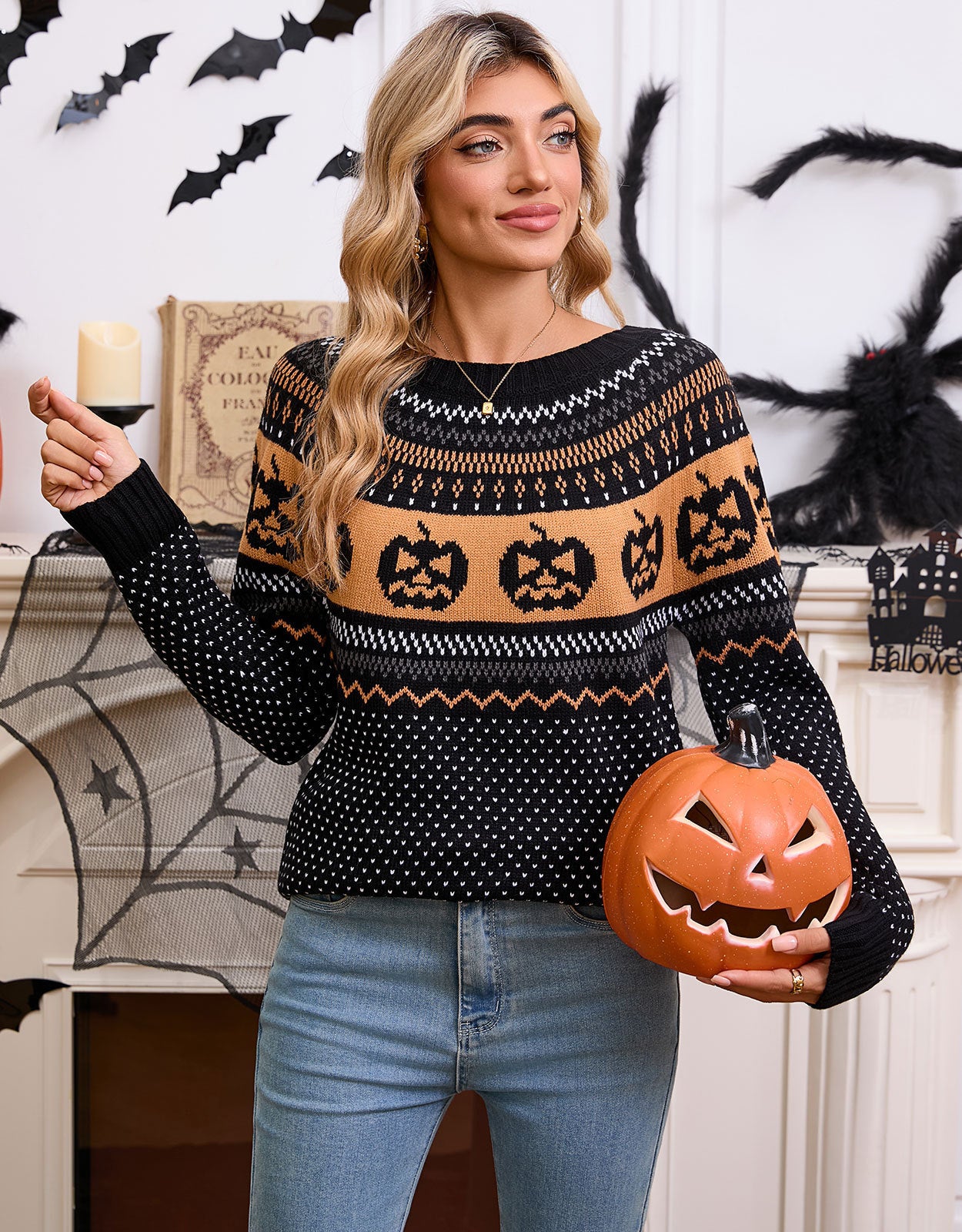 Pull rétro brodé citrouille d'Halloween