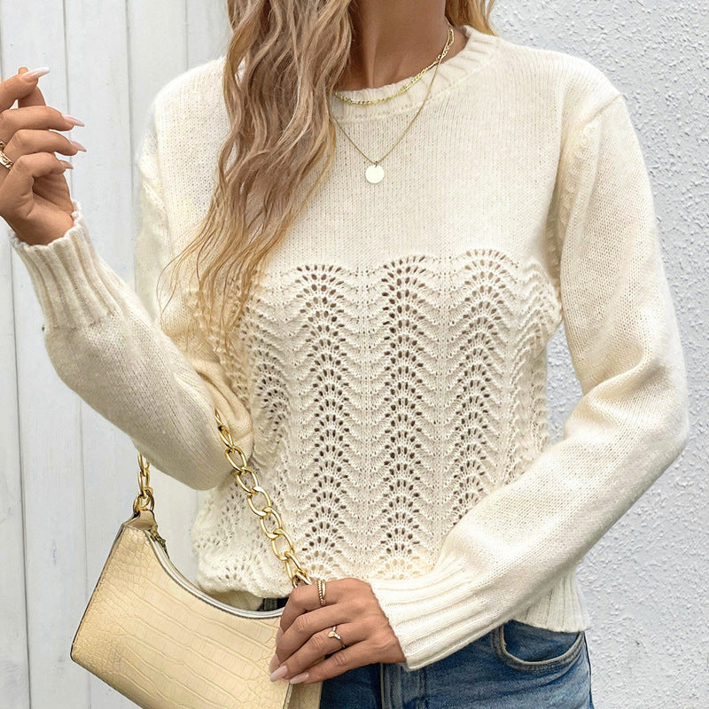 Pull col rond ajouré couleur unie pour femme