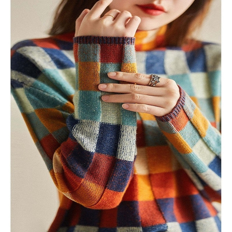 Pull à col roulé à carreaux colorés pour femme, coupe décontractée et flatteuse