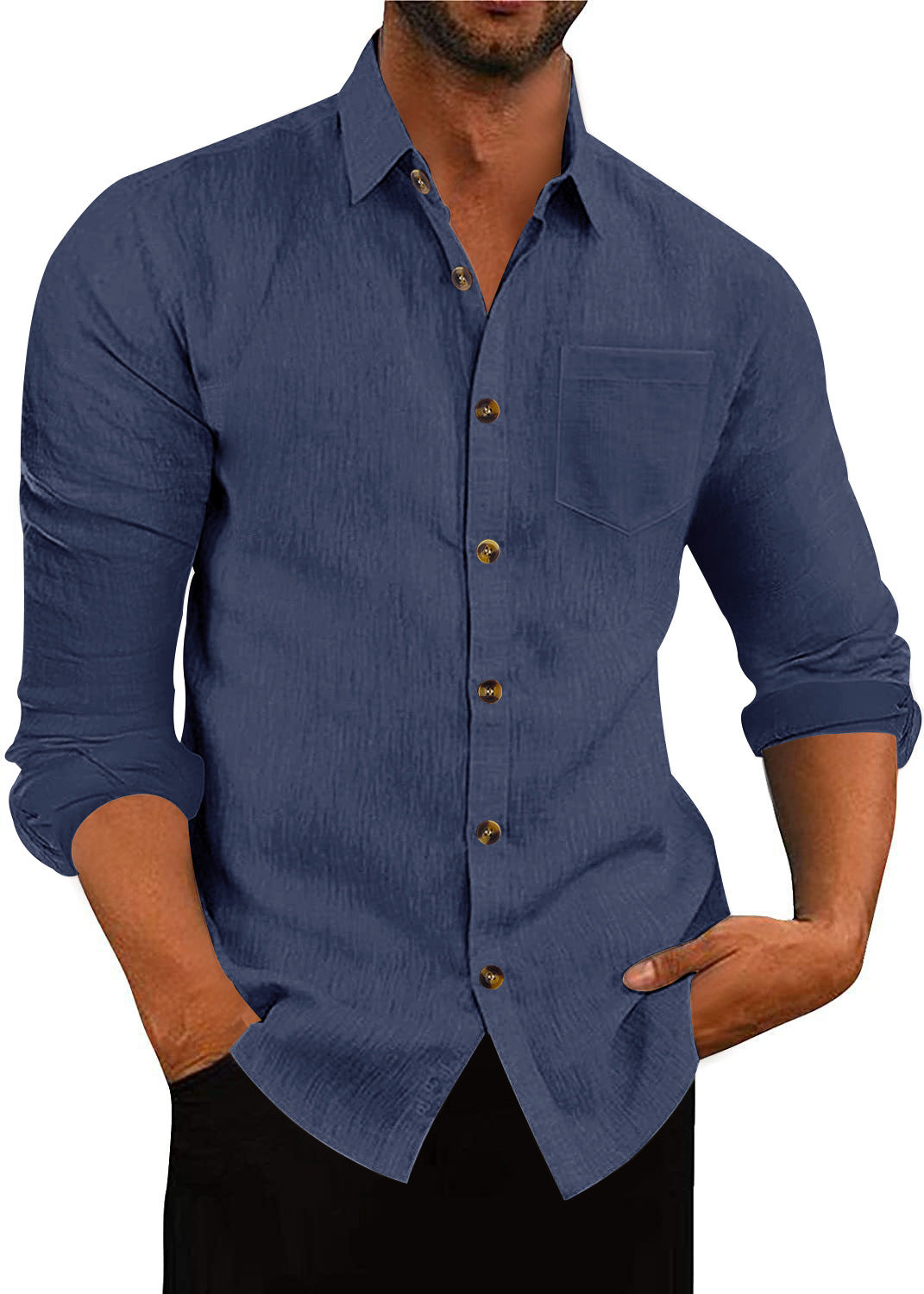 Chemise à manches longues et col polo en lin, ample et décontracté