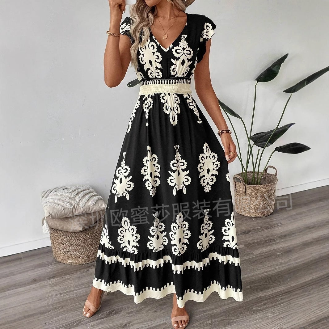 Robe trapèze ample à col en V et imprimé