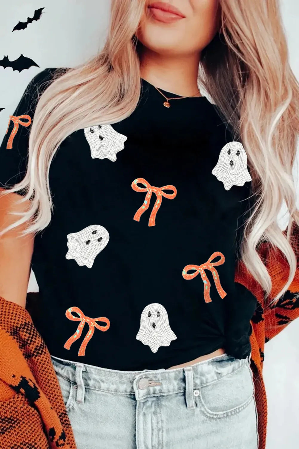 T-shirt Halloween à patch fantôme avec nœud à paillettes noir