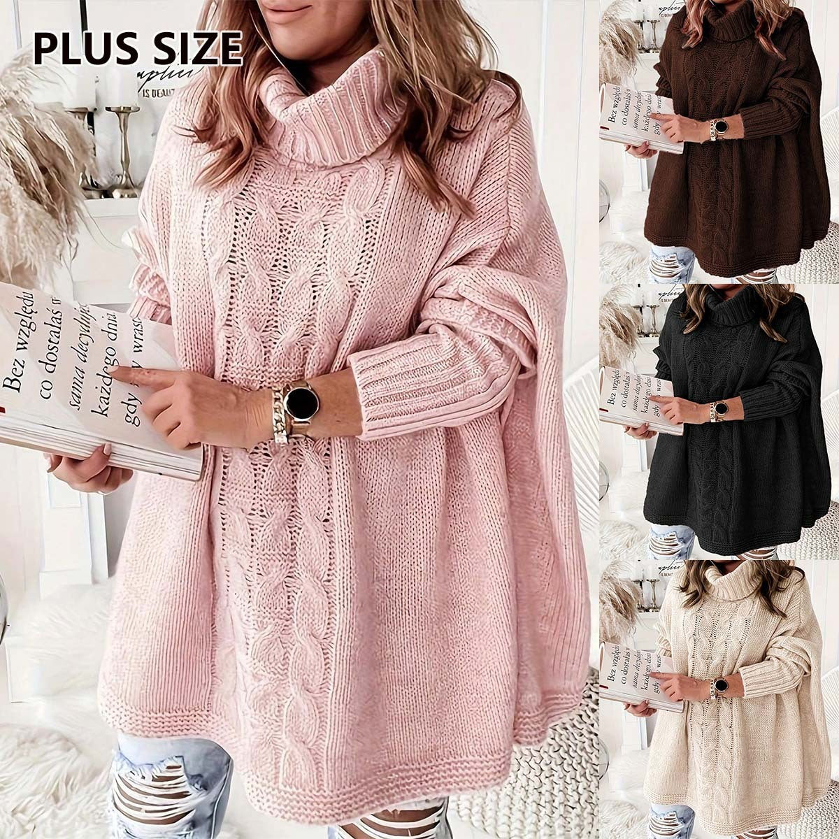 Pull en tricot ample et décontracté à manches chauve-souris pour femme, grande taille