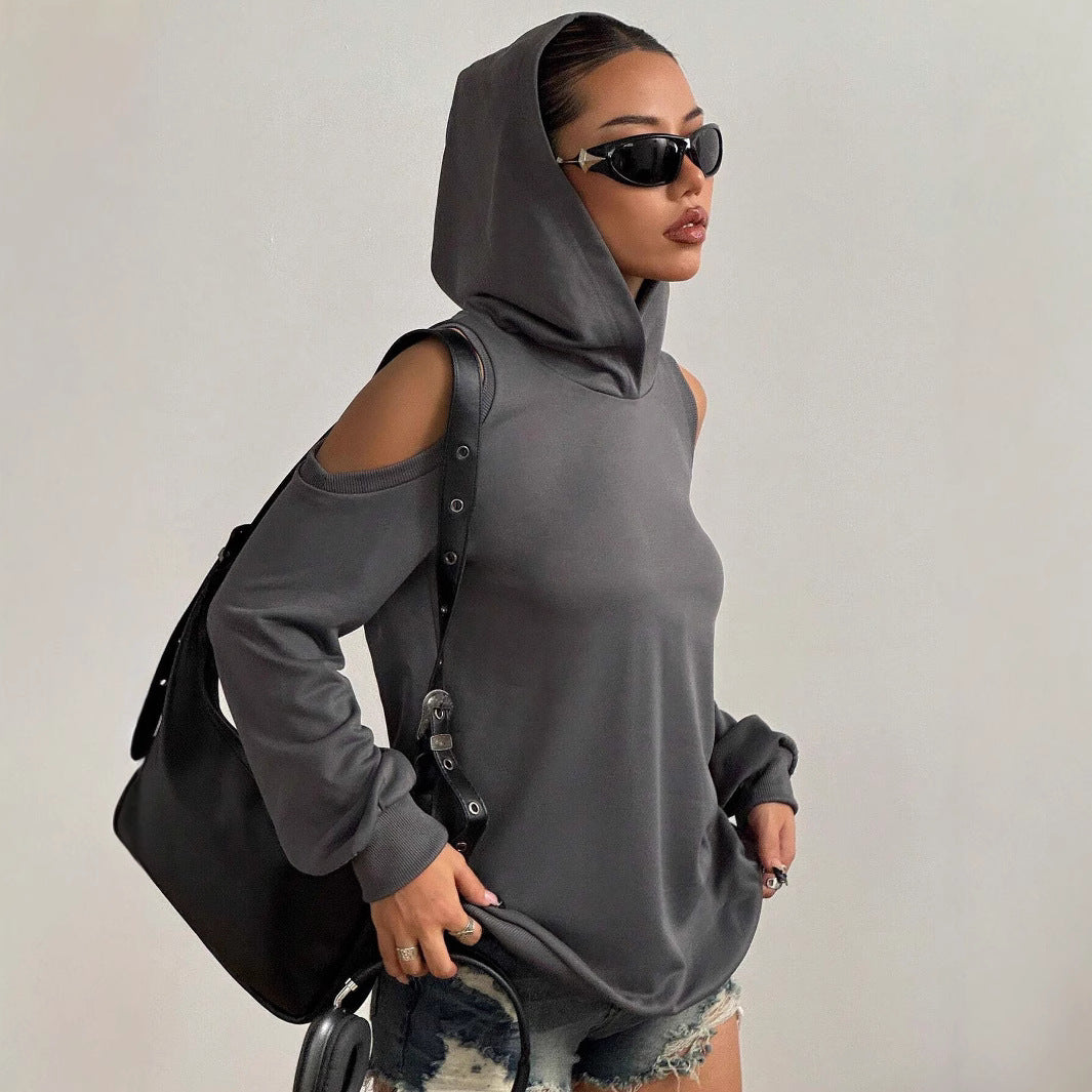 Pull à capuche à épaules dénudées de couleur unie