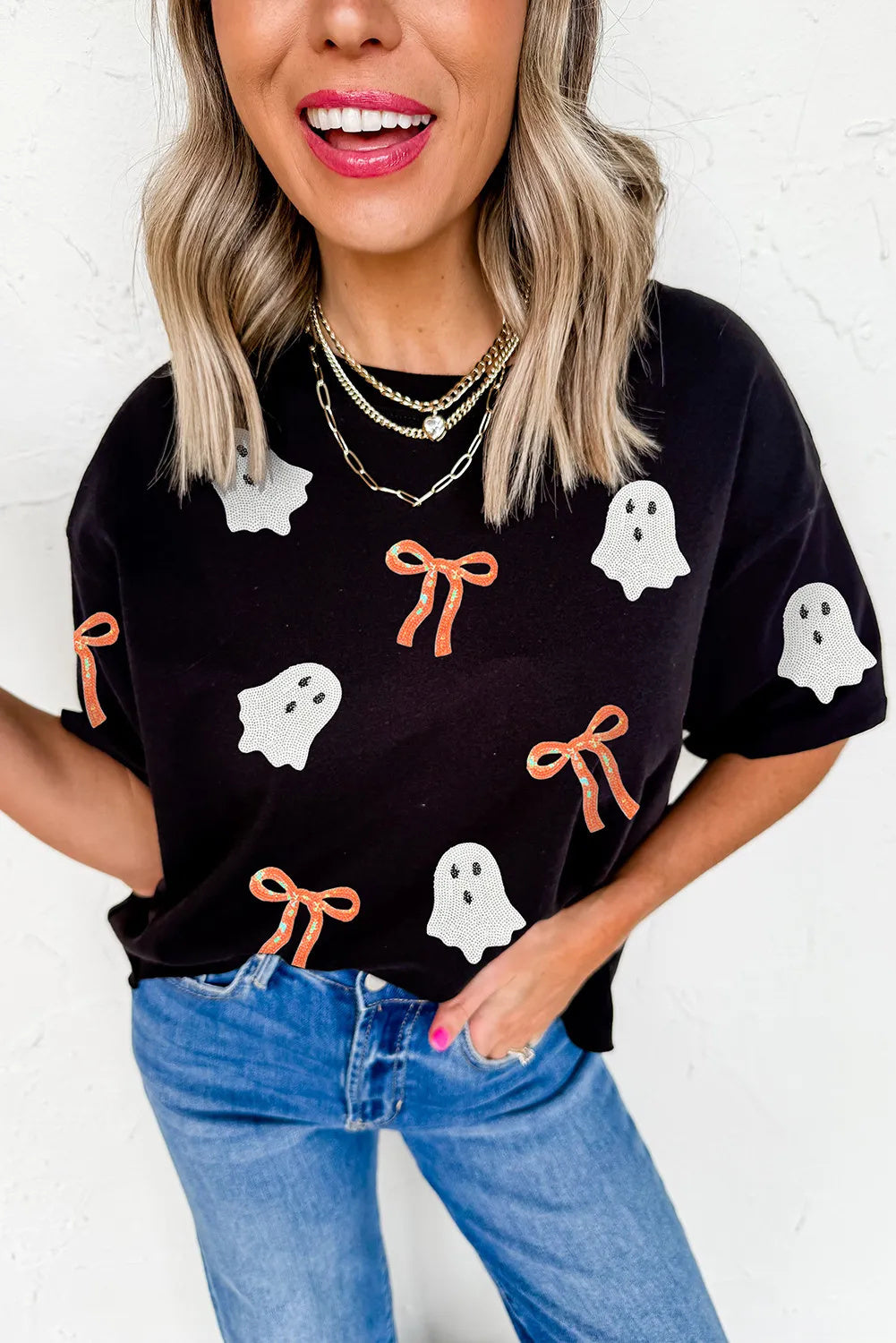 T-shirt Halloween à patch fantôme avec nœud à paillettes noir