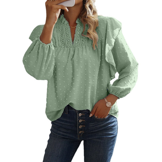 Chemisier à volants manches lanternes coutures en dentelle