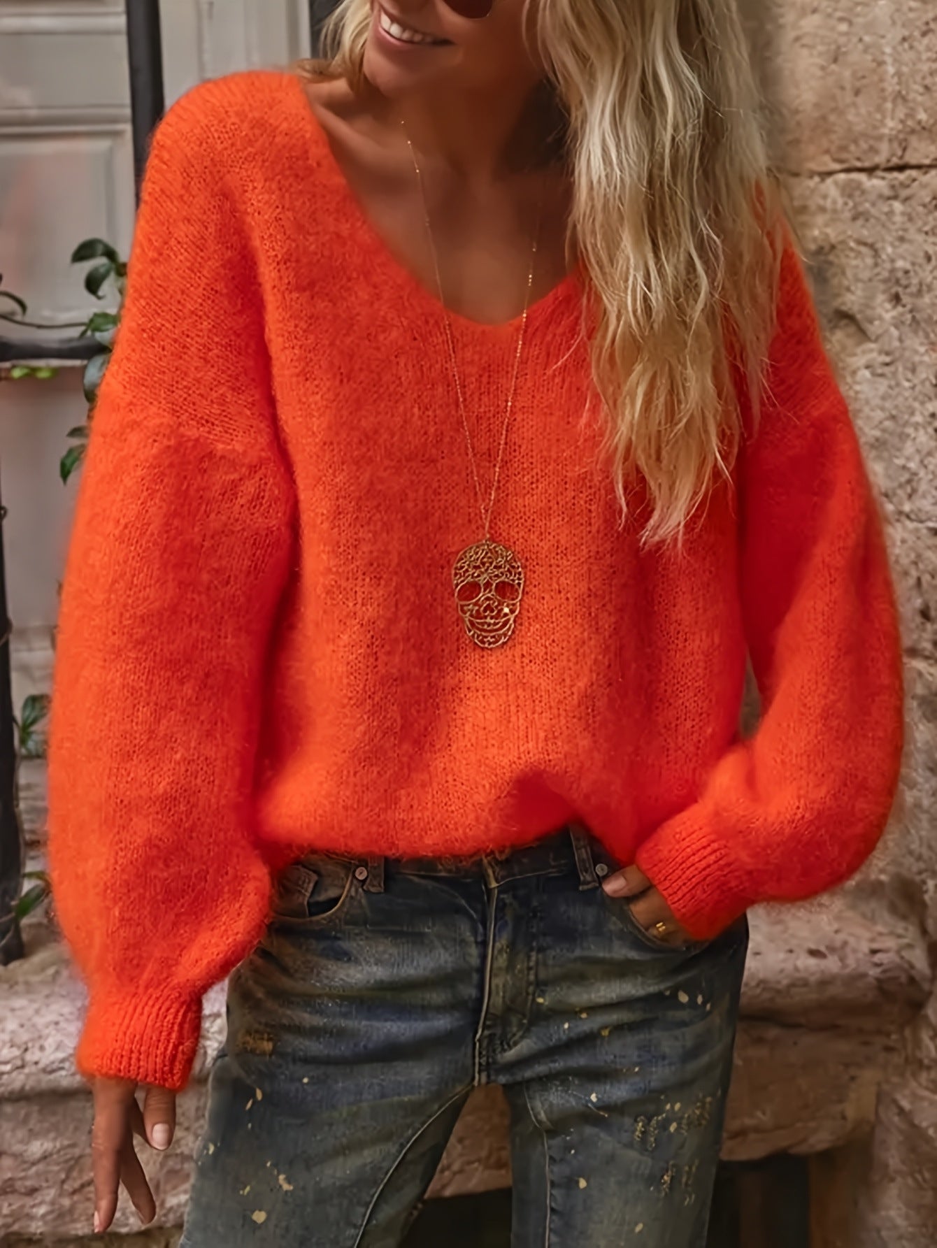 Pull ample de couleur unie style décontracté
