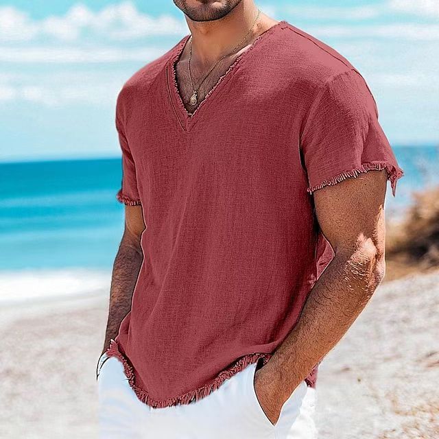 T-shirt à manches courtes en coton et lin couleur unie
