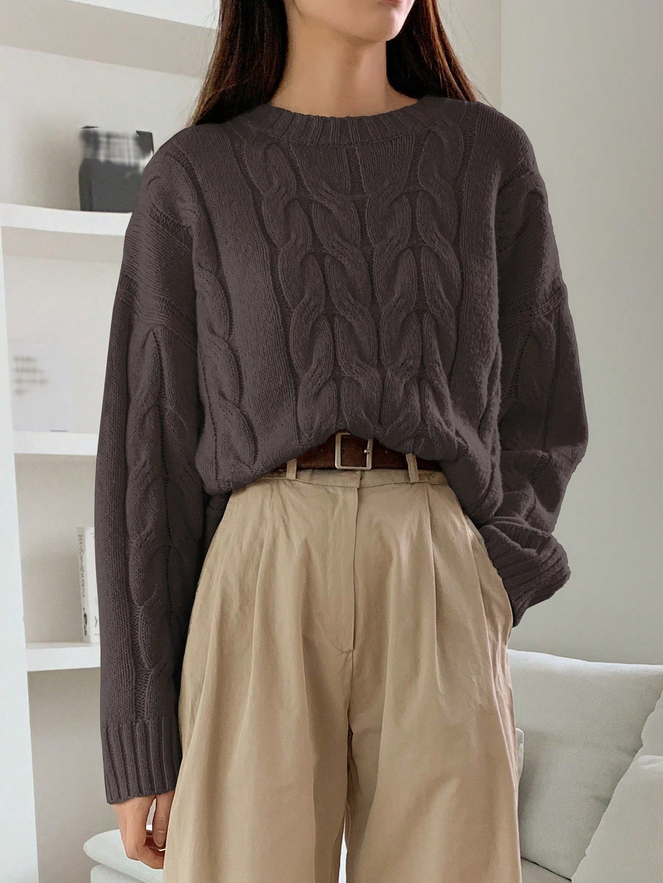 Pull tendance à col rond et couleur unie assorti