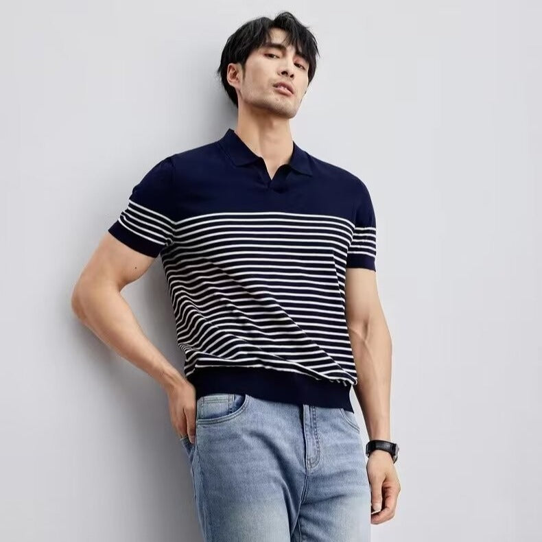 Pull en soie glacée grande taille rayé à manches courtes assorti