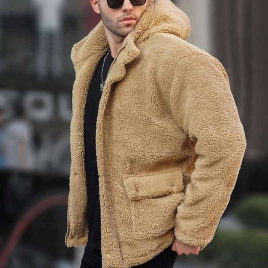 Manteau polaire à capuche pour homme, couleur unie avec poche