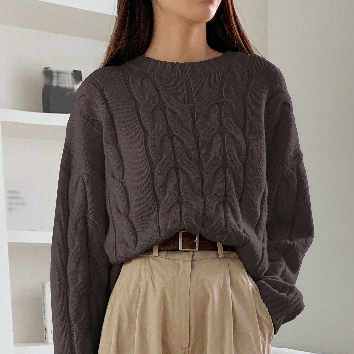Pull tendance à col rond et couleur unie assorti