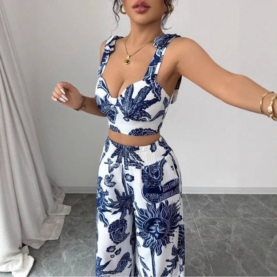Ensemble à bretelles et col en V, pantalon ample