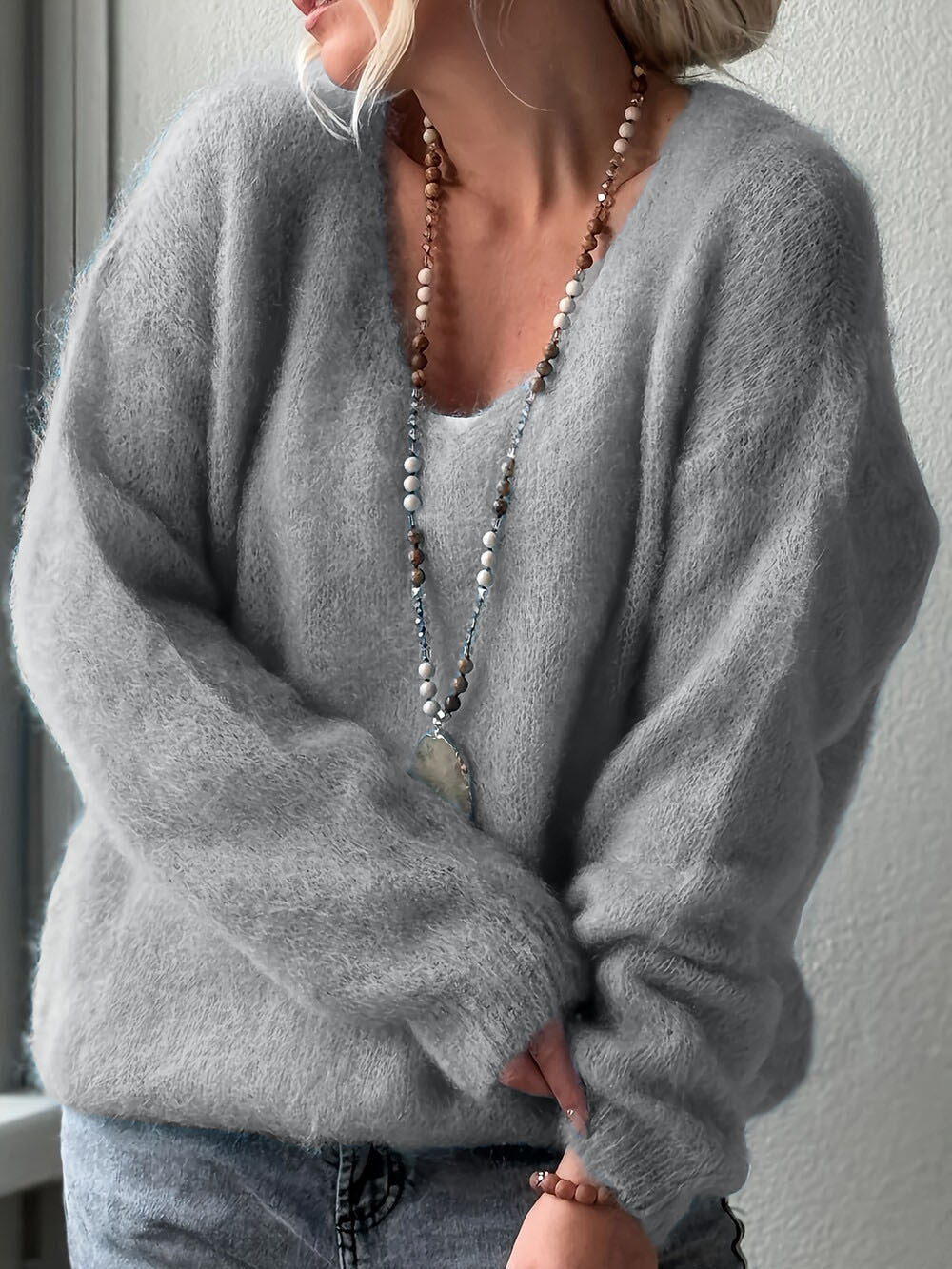 Pull ample de couleur unie style décontracté