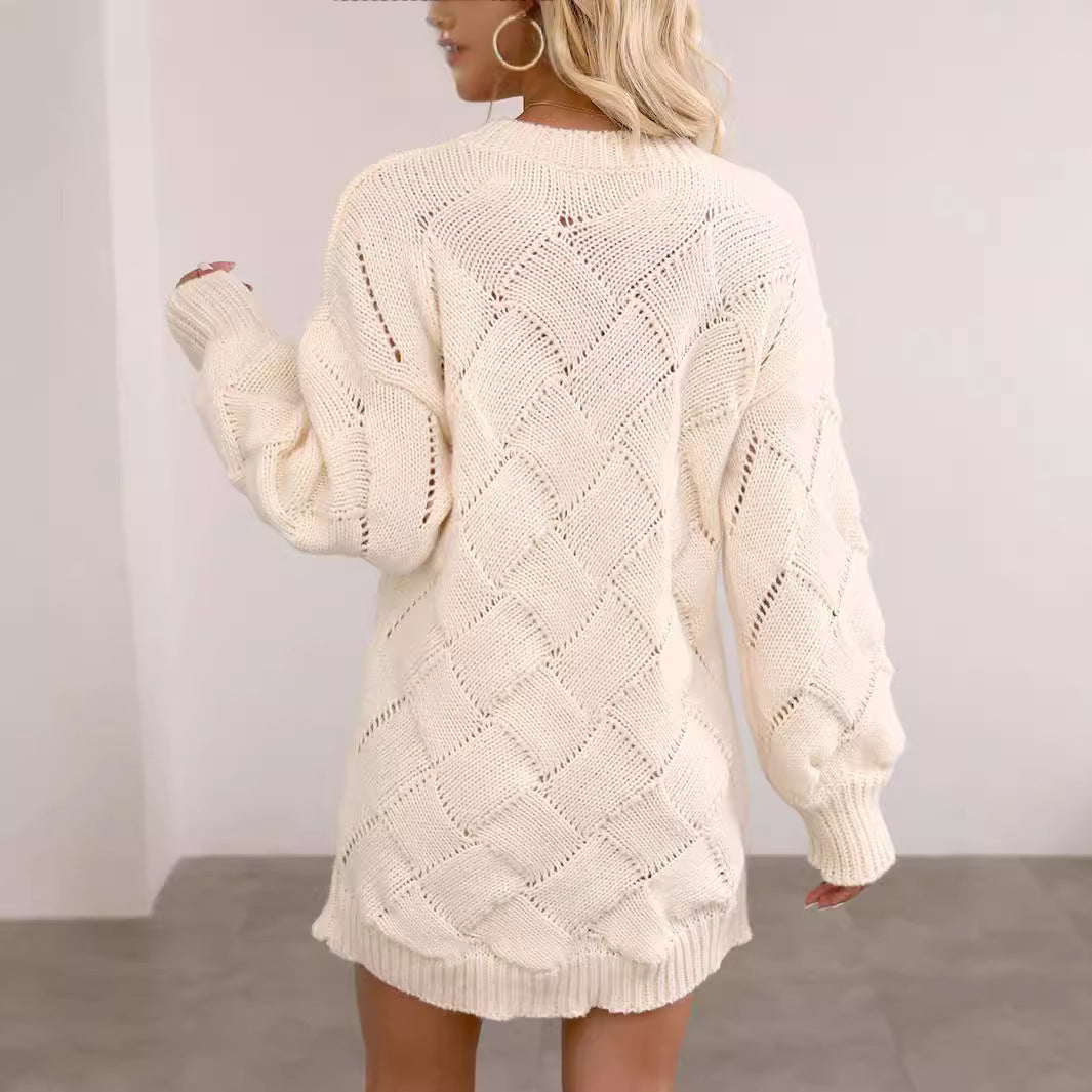 Robe tissée à losanges, col rond, manches longues