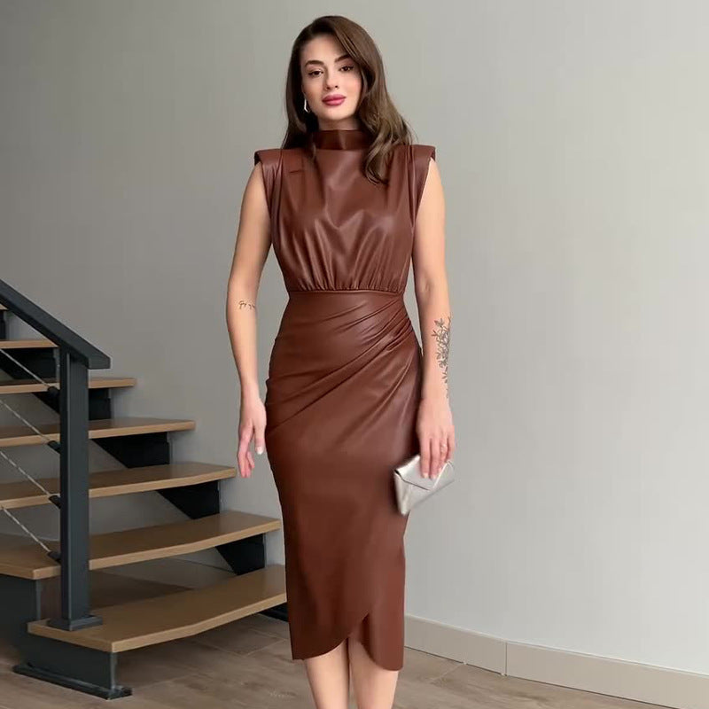 Robe moulante plissée taille haute, couleur unie