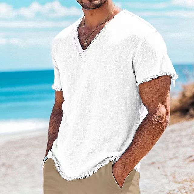 T-shirt à manches courtes en coton et lin couleur unie