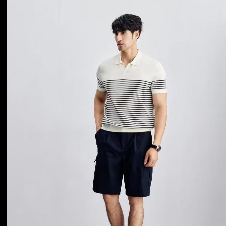 Pull en soie glacée grande taille rayé à manches courtes assorti